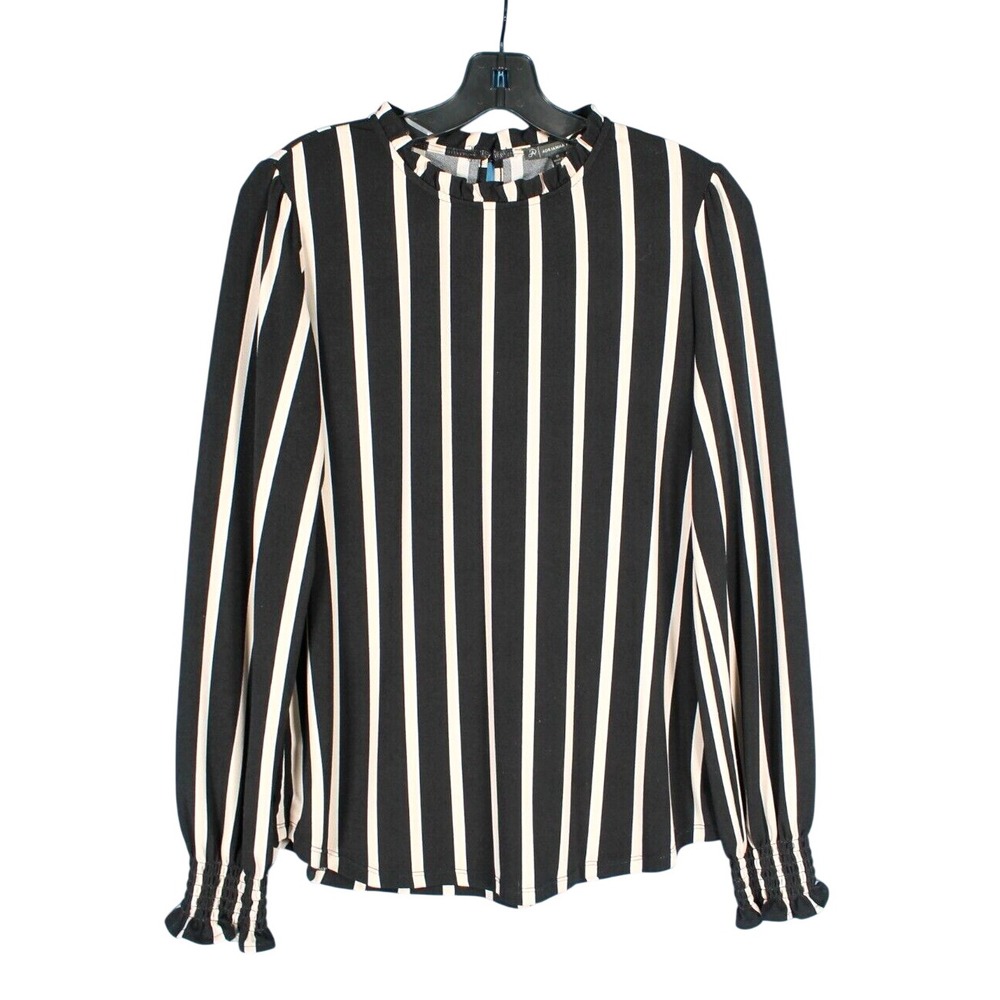 ADRIANNA PAPELL Black/Beige STRIPED Ruffle Collar SMOCKED CUFF Blouse/Top Sz M